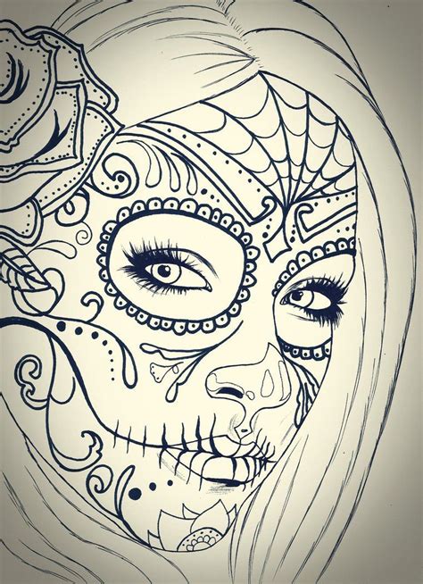 female beautiful sugar skull drawing|sugar skull outline drawing.